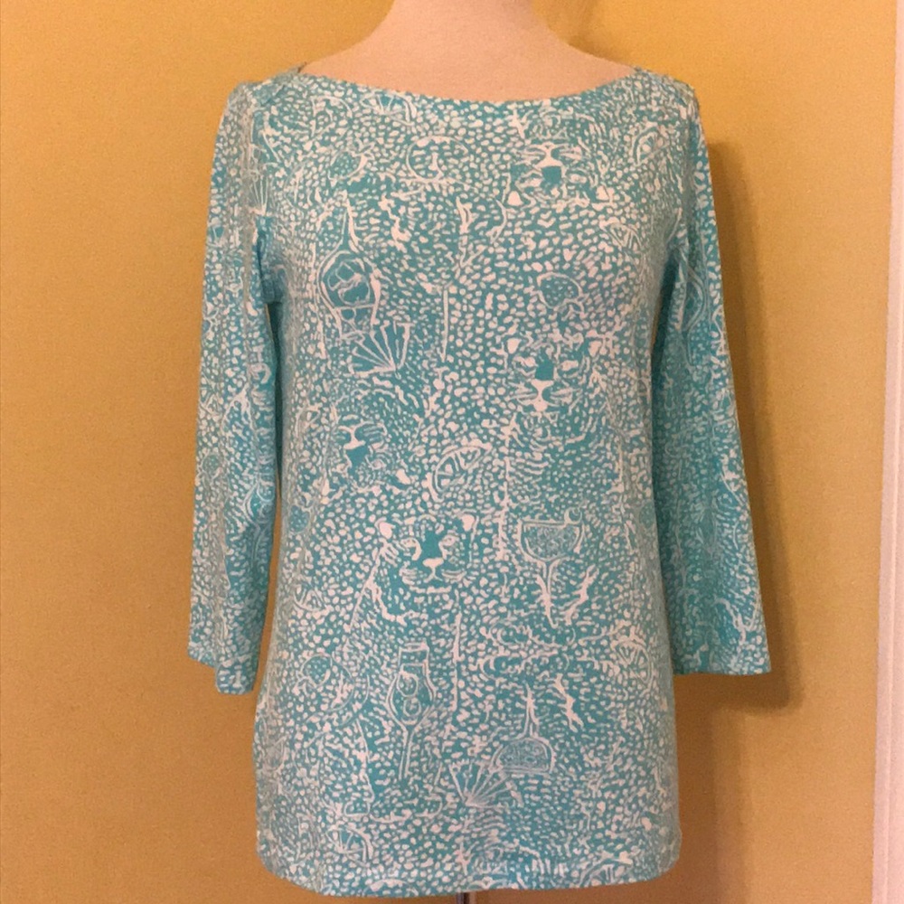 Lily Pulitzer 3/4 Sleeve Turquoise Cotton Top - M